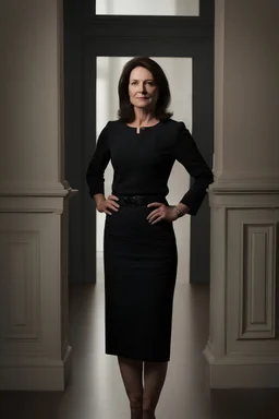 Powerful classical portrait of a modern brunette politician in her late 40s wearing a dark top a little zoomed out