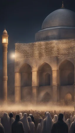 Hyper realistic celebration outside Al-Aqsa Mosque with garland light at night