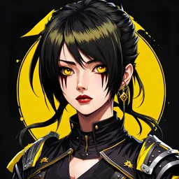 front face,profile picture,2dcg,anime art style,black and yellow color,princess hair cut ghoul biker lady,pure black color background,gore,violence,Decapitation,dismemberment,disturbing,Monster,guts,morbid,mutilation,sacrifice,butchery,meathooks,no hands,do not draw hands