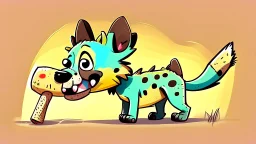 Cute chibi-style hyena dog, eating a big bone, cartoony, colorful, exaggerated, simplified, adorable