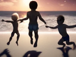 children jumping in the water on a beach capture them against the sun and make an art silhouette, hyper details, real sharp, 8k, cinematic movie