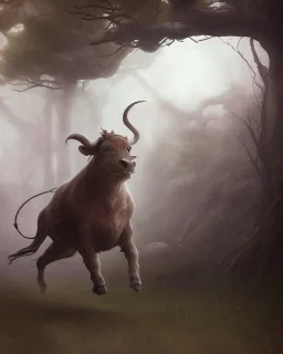 Minotaur, half man. Half bull crw majestically galloping through the dense forest in the style of Doug Hyde , fantastical landscape, soft strokes , mythology portrait, classic illustrated digital design