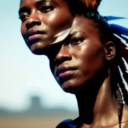 A beautiful portrait of a cyberpunk black tribal woman with lot's of grain on her skin and tribal tatoos, with natural hair floating in the wind cyborg smiling facing camera orange color scheme, high key lighting, volumetric light high details with white stripes and feathers unreal 5, octane render, cinema4d, dynamic lighting, dramatic lighting, 4k, redshift render, highly detailed, hyper realistic