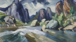 Mountains, river, rocks, max liebermann impressionism painting