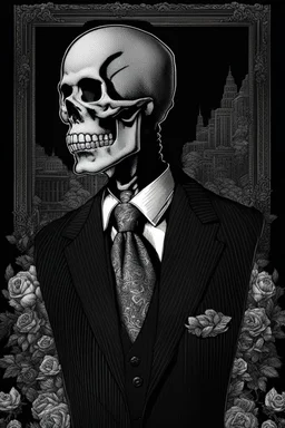 LINE TONE, WSJ STYLE, HEDCUT, ultra high image quality, HEAD AND SHOULDERS SHOT, SKELETON, WEARING A 3 PIECE SUIT, POSED FOR DOLLAR BILL PORTRAIT, , Close-up of an set against AMOLED-worthy pure black backdrop, fantasy art style infused with filter, tailored for vertical wallpaper, exclusive design with no duplicates, radiating beauty suitable for a PC screen image, vivid colors, ultra fine, digital painting, BASED ON THE UNITED STATES TREASURY NOTE ONE DOLLAR BILL