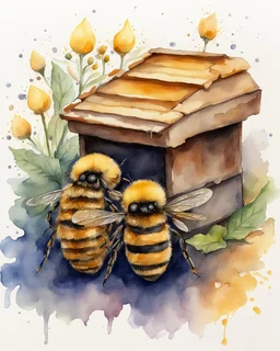 three bees under the hive watercolor drawing