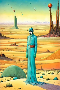 create a surreal, enigmatic, otherworldly, paradoxical creature inhabiting an ethereal desert realm, in the comic book style of Jean Giraud Moebius, precisely drawn, inked, and colored