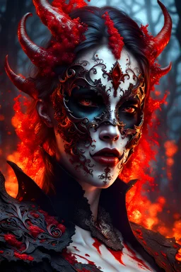 Insanely detailed bloody Masquerade vampire portrait with mask photography of majestic beautiful fierce honey Elemental vampire made of glowing toxic-amber, tree-sap and Lava-Fumes wearing filigree, intricate and hyperdetailed painting by Ismail Inceoglu Huang Guangjian Dan Witz CGSociety ZBrush Central fantasy art album cover art 4K 64 megapixels 8K resolution HDR