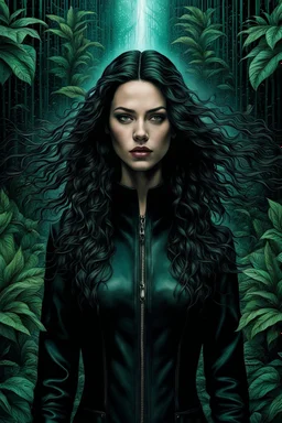 Zippered digital art in the matrix with strange dark colors plants, shadows and thin black sharp lines with shadows and dark spots. The zippered edge of the photo is down and the background is a young woman's pale face and long, big hair. high detailed, cinematic, thriller mood, dark weird art style