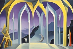 a surreal open gothic_arab gate in a glass wall with a view of a desolate landscape, thick fog,storm, by artist "Leonora Carrington",by artist "Zaha Hadid",by artist "Escher",These colors are bold, vibrant, and intense, including shades of colors such as purple, blue, and yellow.