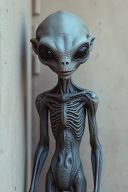 a beautiful gray alien body details standing by a wall front view scared