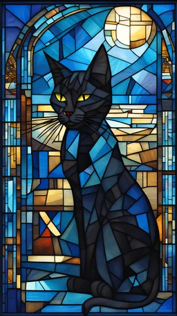 vitral de un gato negro egipcio a la luz de la luna, con fondo en tonos azules, celestes, en estilo cubista