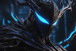 Huge symbiote in 8k solo leveling shadow drawing, shaco model, Halloween theme, neon blue lights, Chaos sea, intricate details, highly detailed, high details, detailed portrait, masterpiece,ultra detailed, ultra quality