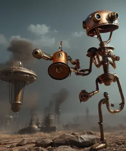 happy mechanoid person playing jazz with a steampunk theme, realistic