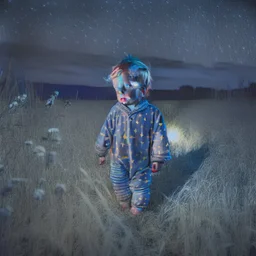 toddler wearing pyjamas in a field at night