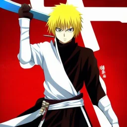 A Young badass adult with parted, short red hair holding a visible perfect katana with one arm in a fighting stance against an enemy and the other arm raised with one finger up surrounded by the spiritual pressure ANIME BLEACH lOGO by Tite Kubo