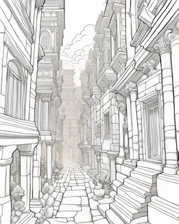 B/W outline art,coloring book page, full white, super detailed illustration for adult,"Narrow Passageways in an Ancient City", crisp line, line art, high resolution,cartoon style, smooth, law details, no shading, no fill, white background, clean line art, Sketch style.