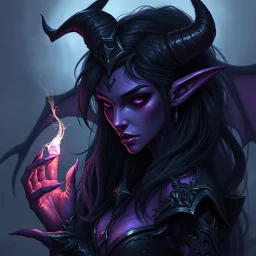 drow elf woman, sorceress, enchantress, dark hair, purple skin, demonic, digital art, dark fantasy