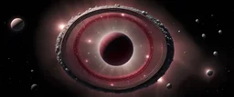 a burgundy dwarf star surrounded by hundreds of defined random sized rings made of small stones and fine particulates