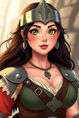 In a realistic, non-anime, vintage cartoon style: Bust shot of 35-year old, chubby Scandinavian dark-haired lady with green eyes and very thick lips who is dressed as a heroic and brave soldier princess, like Xena.
