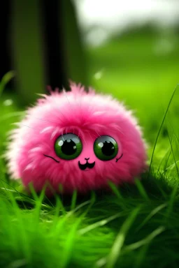 Tiny, round, fabulous pink creature, a ball of fluff with eyes, sitting on a blade of grass