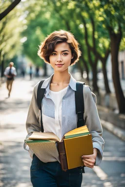 color photo of a student girl 22 years old ,short hair with her books in her hand walking in street,next to trees.