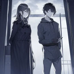 anime couple with day on one side night on the other, stormy night on one half, sunny day on the other half,ballancing scale, couple is standing back to back