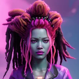 Pretty cyber woman, rasta hair, sci-fi, sweet face, black, natural, pink, geisha style, symmetric plane, neon style, a lot of led lights, fog, rain, leather coat, vibrant color, highly detailed, art stations, concept art, smooth, unreal engine 5, god rays, ray tracing, RTX, lumen lighting, ultra detail, volumetric lighting, 3d, finely drawn, high definition, high resolution.