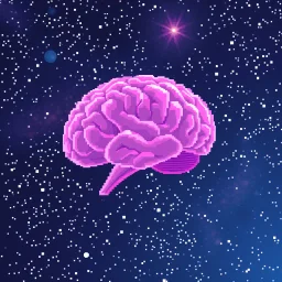 16 bit pixelart of a bare transparent pink human brain flying trough the universe, background galaxy's
