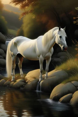 caballo blanco con pelaje prolijo, bebiendo agua en un arroyo con cascada y piedras, con fondo de arboles y un atardecer