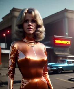 Ultra Realistic retro sci-fi movie Supermarket parking scene, 1960 year, waist up view portrait, a super giant blonde woman, sweet teenager Jane Fonda face, perfect iris, glow eyes, face makeup, tight latex coat, many people, Retro sci-fi style, soft color, highly detailed, unreal engine 5, ray tracing, RTX, lumen lighting, ultra detail, volumetric lighting, 3d, finely drawn, high definition, high resolution.