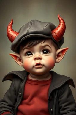 Cute baby demon with horns wearing a newsboy cap