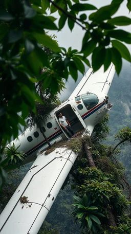 In airplane crashed on a top of tree in the jung iand green leaves surrounding the plane and a the plane you can see him from the broken plane door