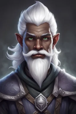 Generate a dungeons and dragons character portrait of the face of a male order of scribes wizard handsome deep gnome. He has dark gray skin like a drow. He has white eyebrows. He has white hair, eyebrows, moustache and goatee. He's 19 years old.