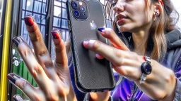 lady with oversized plump fingers getting iphone11 all full of dirty finger residue