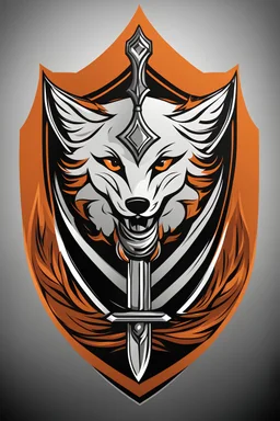 Stylized Emblem of sword, shield, fox tail. Orange, black, white, RWBY animation style