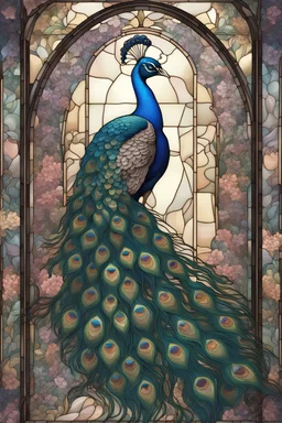 stained glass window design of an overwhelmingly beautiful peacock framed with vector flowers, long shiny, wavy flowing hair, polished, ultra-detailed vector floral illustration mixed with hyper realism, muted pastel colours, vector floral details in the background, muted colours, hyper-detailed ultra intricate overwhelming realism in a detailed complex scene with magical fantasy atmosphere, no signature, no watermark