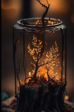 black westphalia stump with a bokeh frame of autumn leaves and twigs (((scale model photography))) candle-lit westphalia in double exposure ((((low iso, double exposure, ))