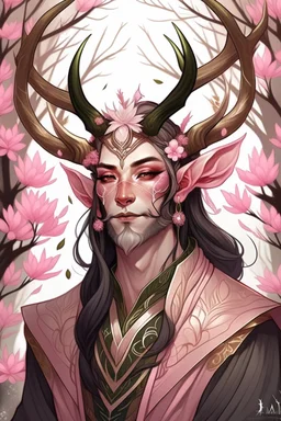 Pink hair spring cherry blossom Eladrin Male antlers druid beard