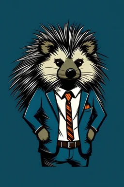 a game studio logo of a "Jobless Porcupine" wearing a suit as if going to a job interview 2 colors