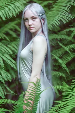 With a carefree abandon, Fiona sprawls amongst the ferns, her silvery hair fanning out around her like a halo of moonlight. Her cerulean eyes gleam with an otherworldly light, their pupils slightly dilated as they take in the ever-shifting colors of the hallucinatory world around her. Her cheeks bear a rosy flush, mirroring the warmth of her laughter and the forest's magic that courses through her veins. Her lips are curled into a perpetual smile, a testament to the joy that radiates from withi