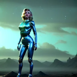 Ultra Realistic retro sci-fi scene, portrait, blonde woman, sweet young Marilyn Monroe face, perfect iris, glow eyes, makeup. Alien Saturn background, Retro sci-fi style, helmet, tight latex coat, fog, rain, soft color, highly detailed, unreal engine 5, ray tracing, RTX, lumen lighting, ultra detail, volumetric lighting, 3d, finely drawn, high definition, high resolution.