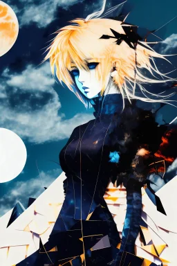 Explosive abstract collage style image of a beautiful anime girl, beautiful blond hair and features, dramatic, pieces of cloth material, textured moon in background, bob wire, gothic surroundings, textures