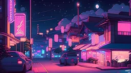 Cute and aesthetic anime town at night with neon signs and sparkles, cartoon, lofi, 90s