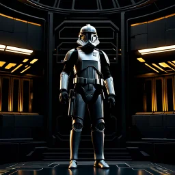 star wars bald male corellian pilot wearing gunmetal grey and black First Order special forces TIE pilot armored flightsuit and helmet with gold trim inside the jedi temple, centered head and shoulders portrait, hyperdetailed, dynamic lighting, hyperdetailed background, 8k resolution, volumetric lighting, light skin, fully symmetric details