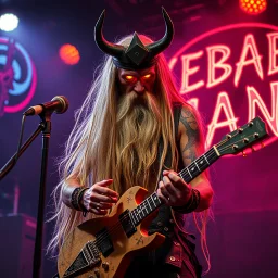 a very thin swedish viking man, evil with very long blonde hair (2 meter), (fat glowing eyes), he is called "KEBAB MAN" performing at death metal club, his name is "KEBAB MAN" kebab rolls On stage, kebab Neon lights and smog, and "KEBAB MAN" big sign on the wall, kebab tribal tattooes, spinning kebab machines, flames and smoke, chaos, he using gasolin and pour it on the guitar on the stage