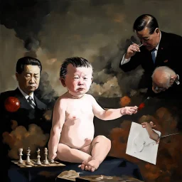 Putin, President Xi Of China And Joe Biden Play Chess With Atomic Bomb Mushroom Cloud,Complex Surgical Instruments Intermixed With A Newborn Boy,Minimalism,Painting By Adrian Ghenie,Rene Magritte,Pablo Picasso,Michelangelo,Salvador Dali,Lucian Freud