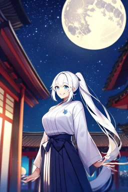 girl, masterpiece, best quality, cinematic lighting, detailed outfit, vibrant colors, perfect eyes, white hair, blue eyes, long hair, ponytail, hakama, shrine, smile, looking down, night sky, starry sky, full moon,