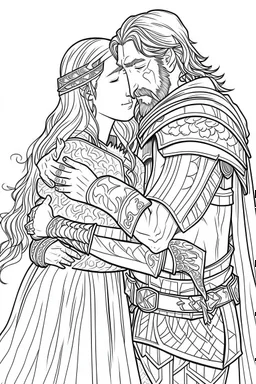 Fantasy coloring page, minimal detail. HD. Woman hugging a male knight with a beard. No background detail.