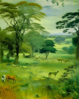 A light green savanna with animals painted by Claude Monet